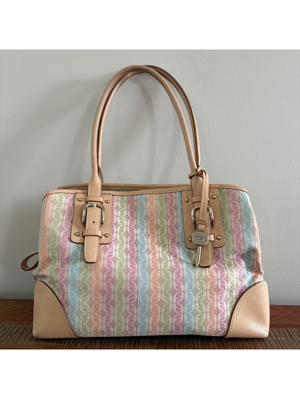 Fossil Women’s Multicolor Signature Jacquard Leather Satchel Shoulder Bag Y2K